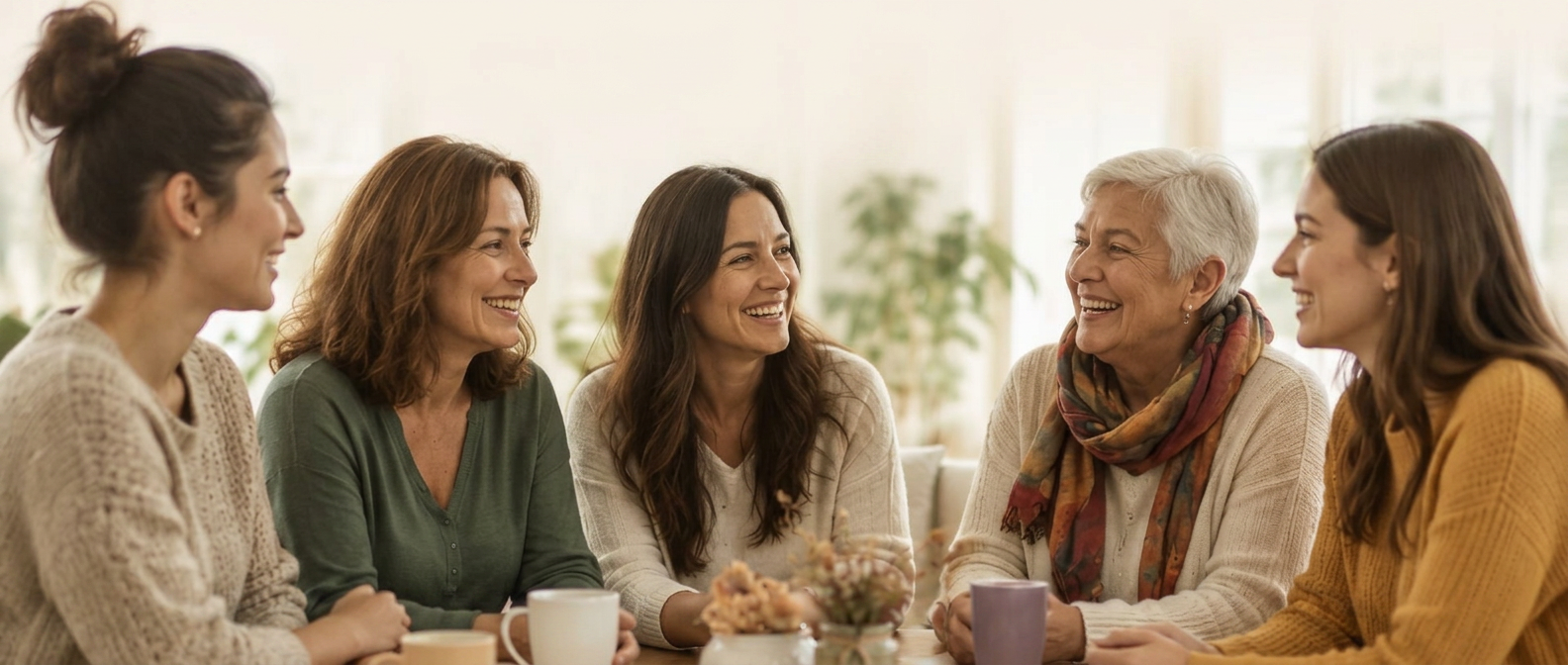 Cinco mujeres de distintas edades charlando y riendo alrededor de una mesa